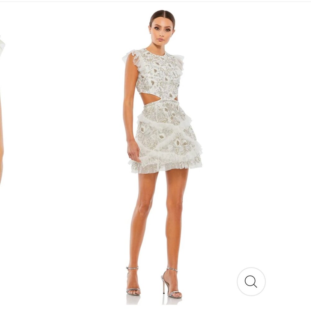 MAC DUGGAL EMBELLISHED JEWEL NECK TULLE RUFFLE MINI DRESS size 6